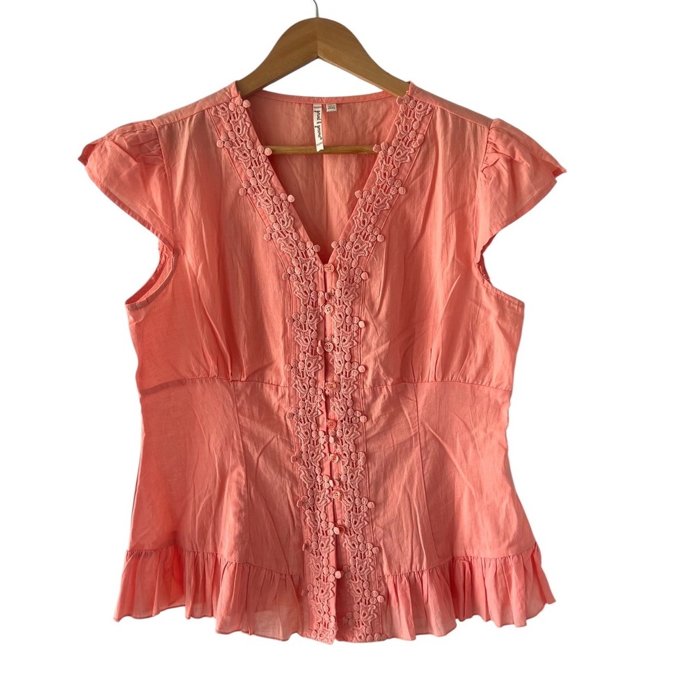 Grand & Greene Coral Pink Cotton Crochet Lace Peplum Blouse Cap Sleeve Summer L